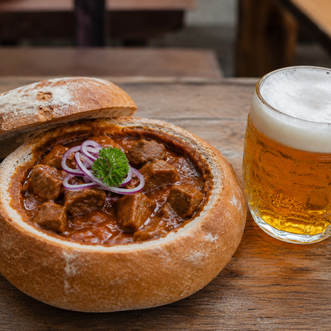 Böhmisches Gulasch im Brot & Tschechisches Bier im Holzschopf